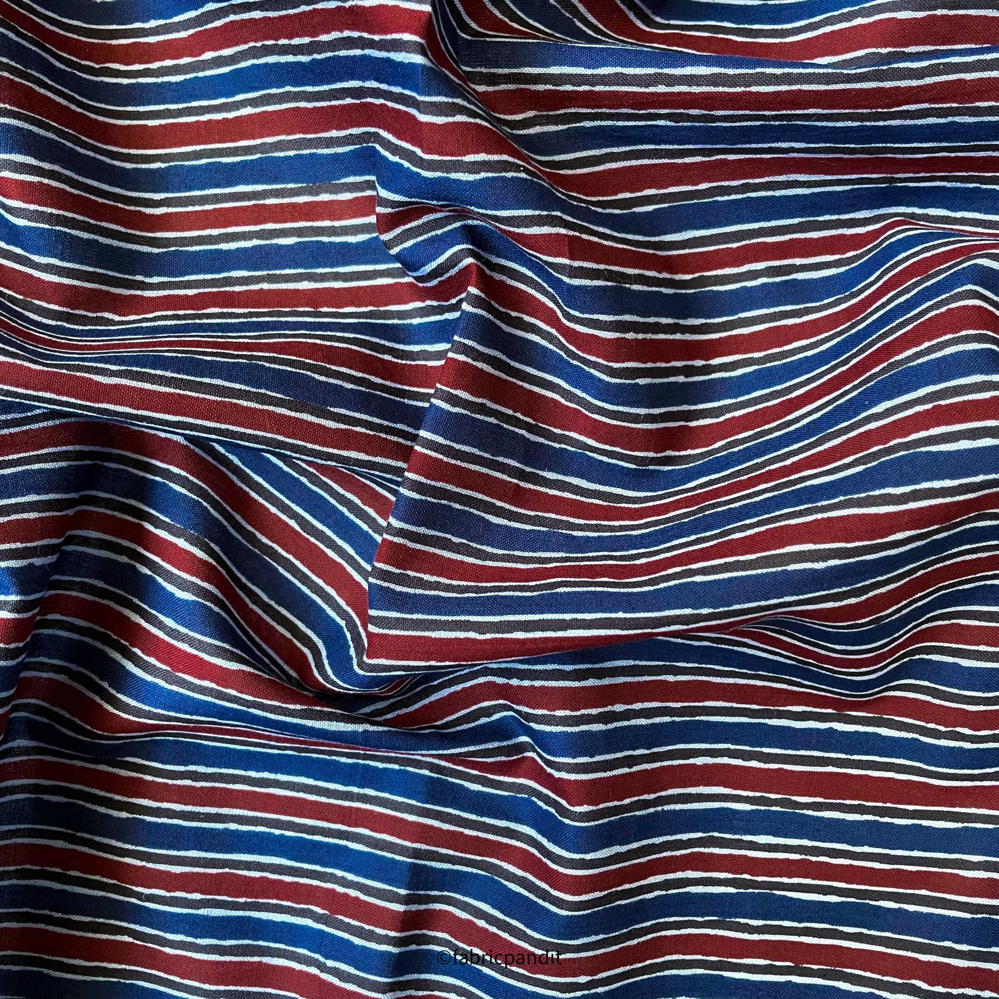 Fabric Pandit Fabric Navy Blue & Red Rough Stripes Hand Block Printed Pure Cotton Fabric (Width 42 inches)