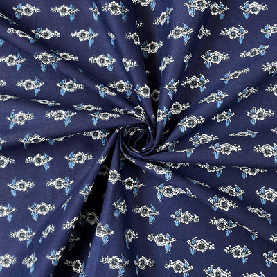 Fabric Pandit Fabric Navy Blue & White Sweet Peas Hand Block Printed Pure Cotton Fabric (Width 42 inches)