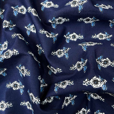 Fabric Pandit Fabric Navy Blue & White Sweet Peas Hand Block Printed Pure Cotton Fabric (Width 42 inches)