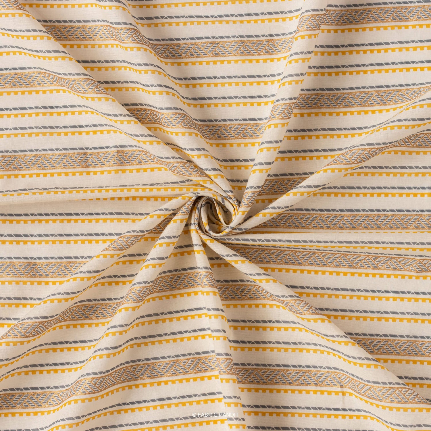 Fabric Pandit Fabric Off-White And Ocher Geometric Stripes and Glitter Hand Block Printed Pure Cotton Cambric Fabric Width (43 Inches)