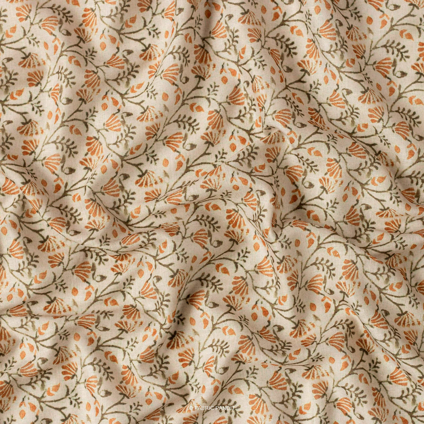 Fabric Pandit Fabric Orange And Khaki Continuous Floral Pattern Digital Printed Poly Linen Fabric (Width 44 Inches)