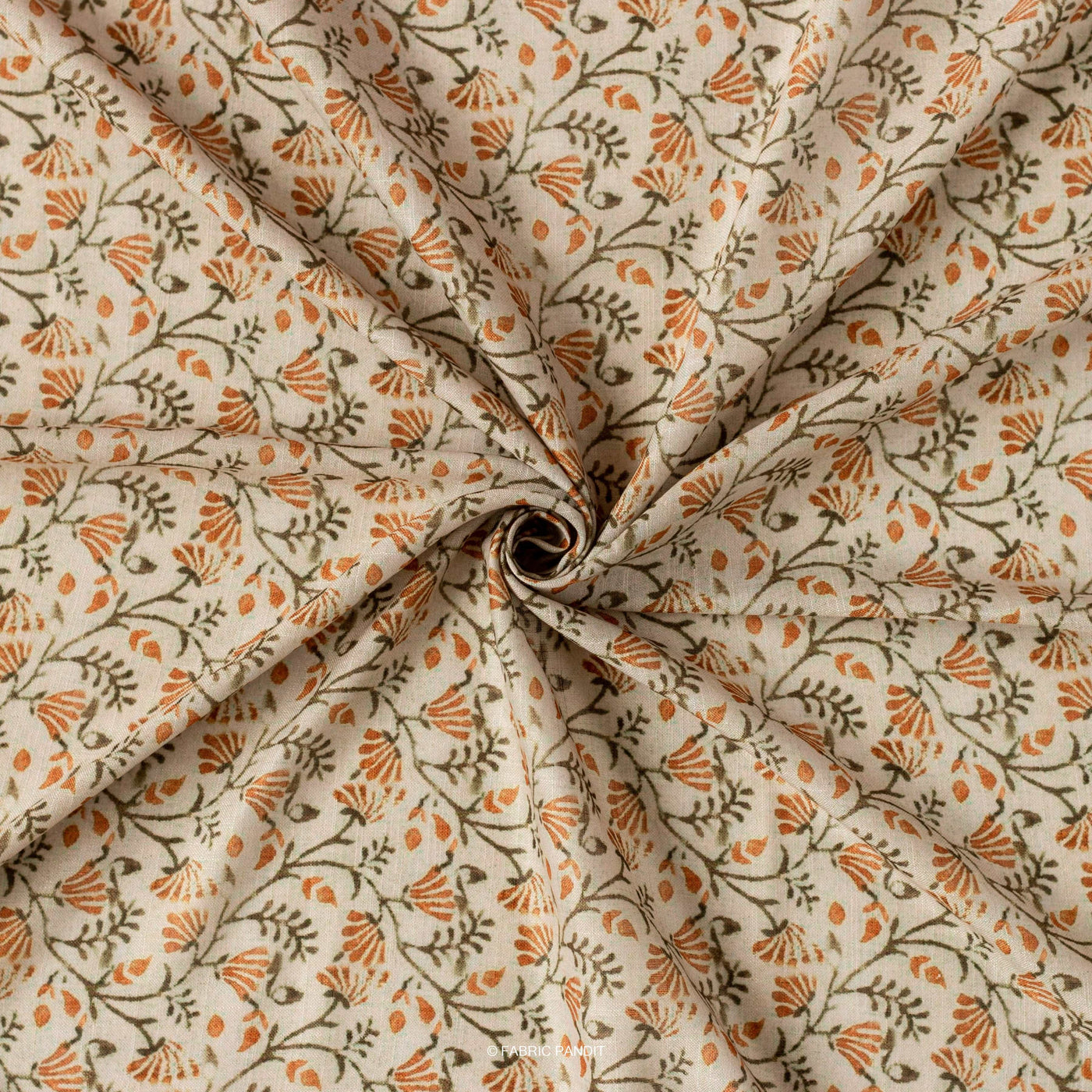 Fabric Pandit Fabric Orange And Khaki Continuous Floral Pattern Digital Printed Poly Linen Fabric (Width 44 Inches)