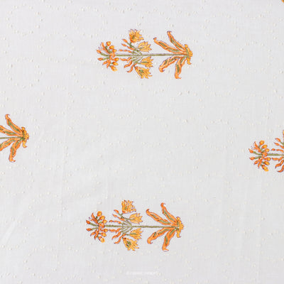 Fabric Pandit Fabric Orange & White Dobby Carnation Flower Hand Block Printed Pure Cotton Fabric (Width 44 Inches)