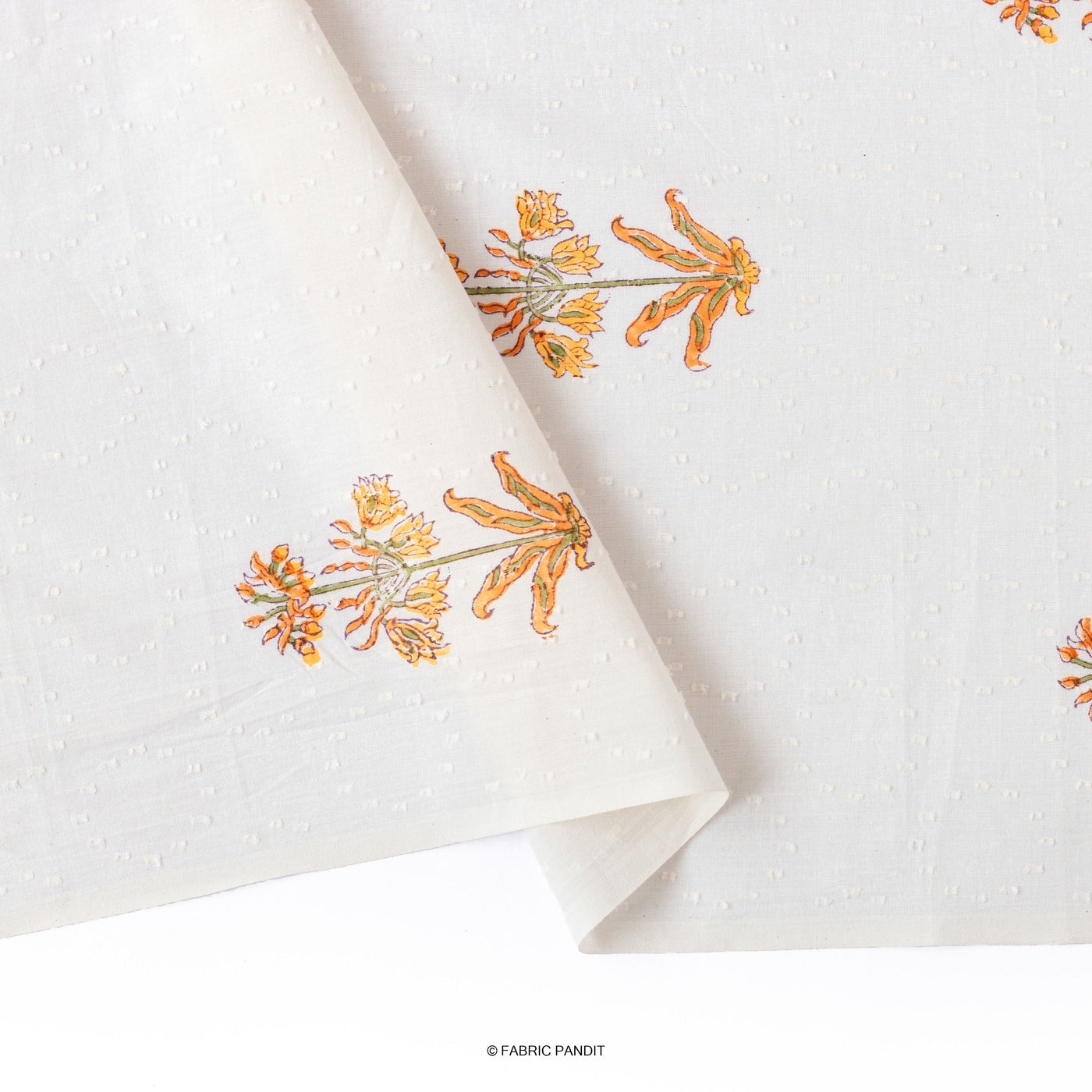 Fabric Pandit Fabric Orange & White Dobby Carnation Flower Hand Block Printed Pure Cotton Fabric (Width 44 Inches)