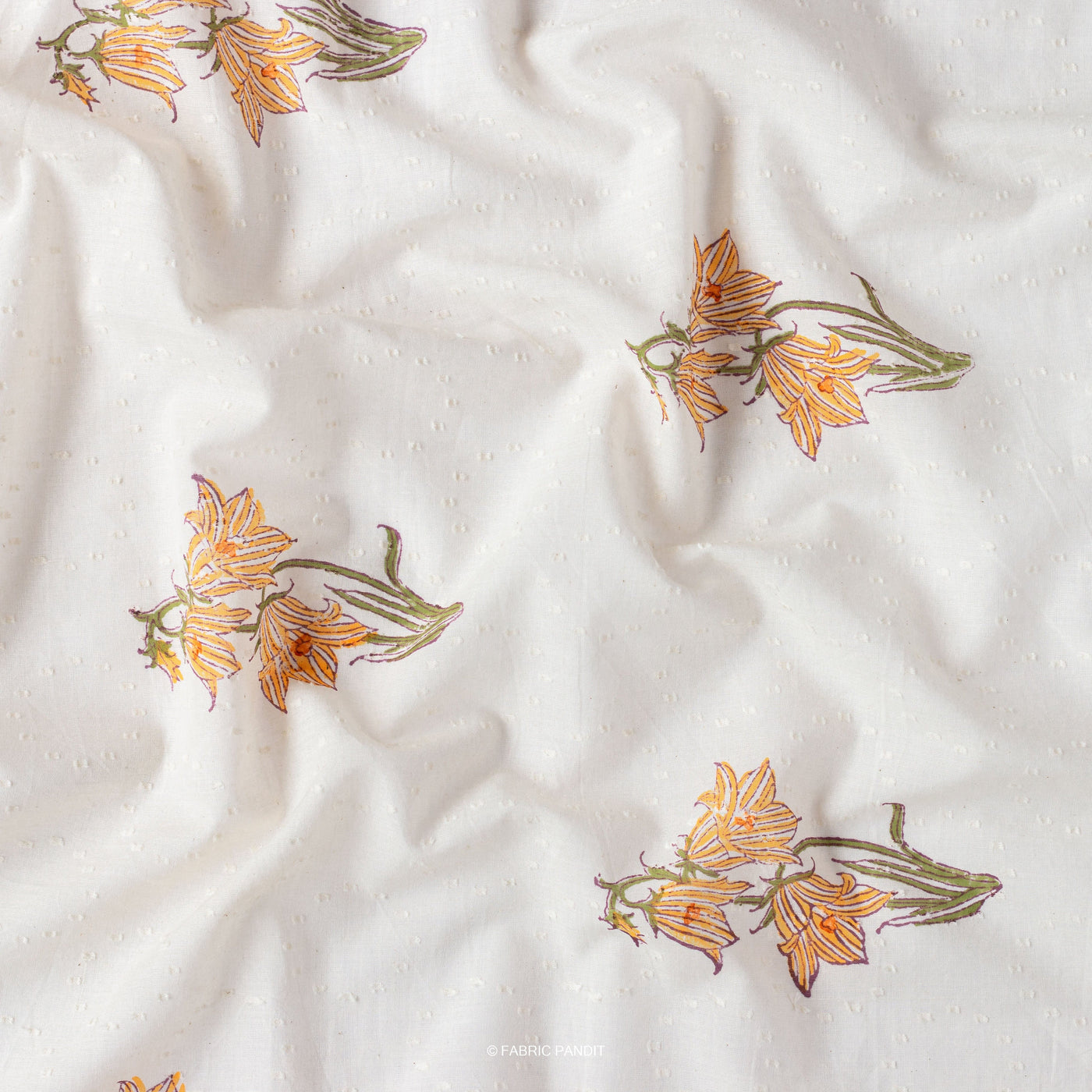 Fabric Pandit Fabric Orange & White Dobby Lily Bunch Hand Block Printed Pure Cotton Fabric (Width 44 Inches)