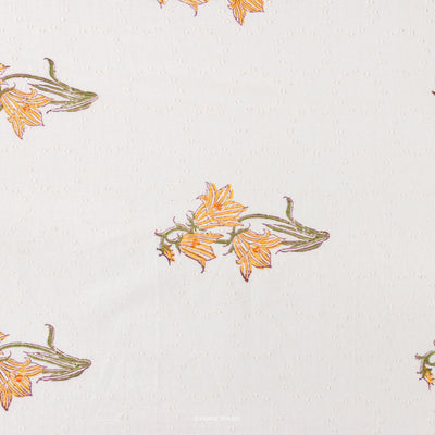 Fabric Pandit Fabric Orange & White Dobby Lily Bunch Hand Block Printed Pure Cotton Fabric (Width 44 Inches)