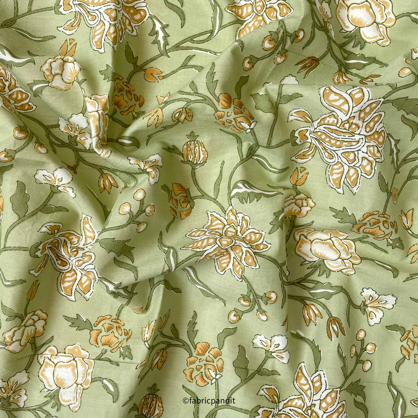 Fabric Pandit Fabric Pastel Green & Yellow Vintage Floral Vines Hand Block Printed Pure Cotton Fabric (Width 42 inches)