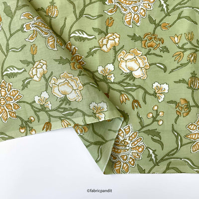 Fabric Pandit Fabric Pastel Green & Yellow Vintage Floral Vines Hand Block Printed Pure Cotton Fabric (Width 42 inches)