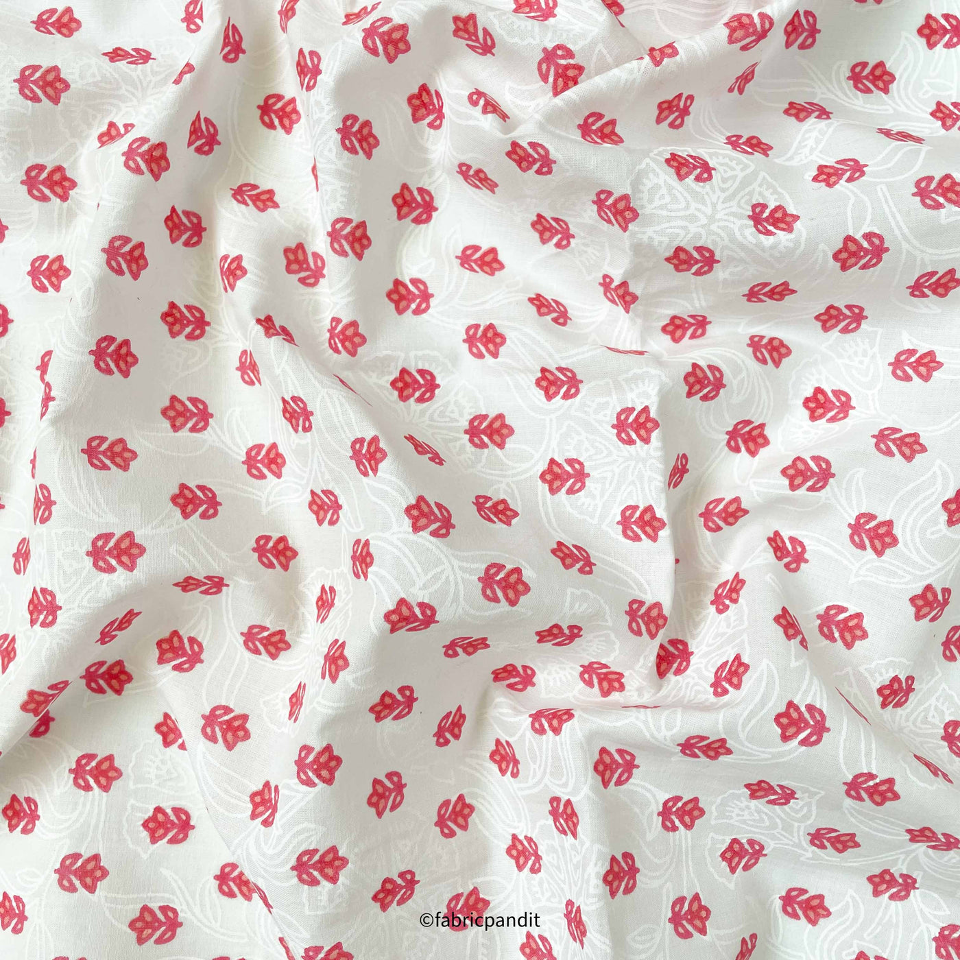 Fabric Pandit Fabric Peach & White Geometric Tulip Hand Block Printed Pure Cotton Fabric (Width 42 inches)