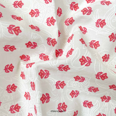 Fabric Pandit Fabric Peach & White Geometric Tulip Hand Block Printed Pure Cotton Fabric (Width 42 inches)