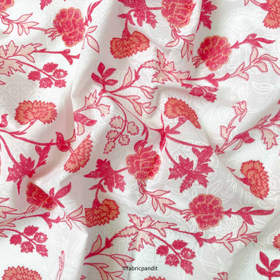 Fabric Pandit Fabric Peach & White Orchids & Roses Hand Block Printed Pure Cotton Fabric (Width 42 inches)