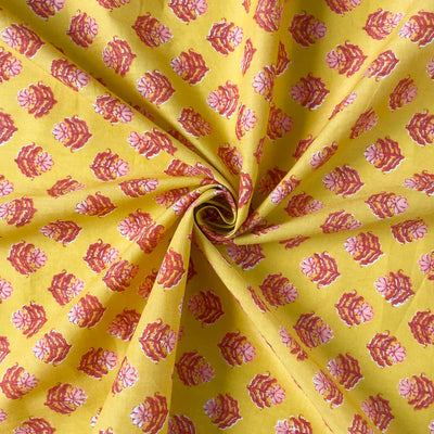Fabric Pandit Fabric Peach & Yellow Floral Pattern Screen Printed Pure Cotton Fabric (Width 43 inches)