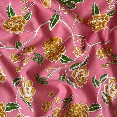 Fabric Pandit Fabric Pink and Gold Orchids and Lilies Floral Vines Screen Printed Pure Cotton Fabric (Width 43 inches)