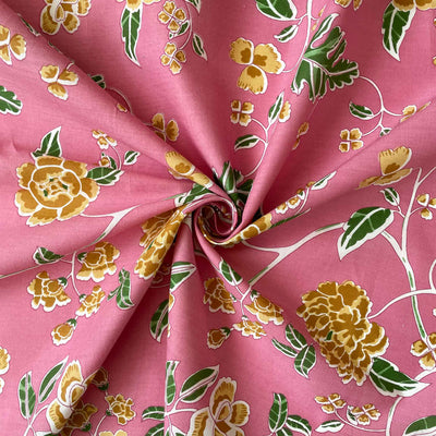 Fabric Pandit Fabric Pink and Gold Orchids and Lilies Floral Vines Screen Printed Pure Cotton Fabric (Width 43 inches)