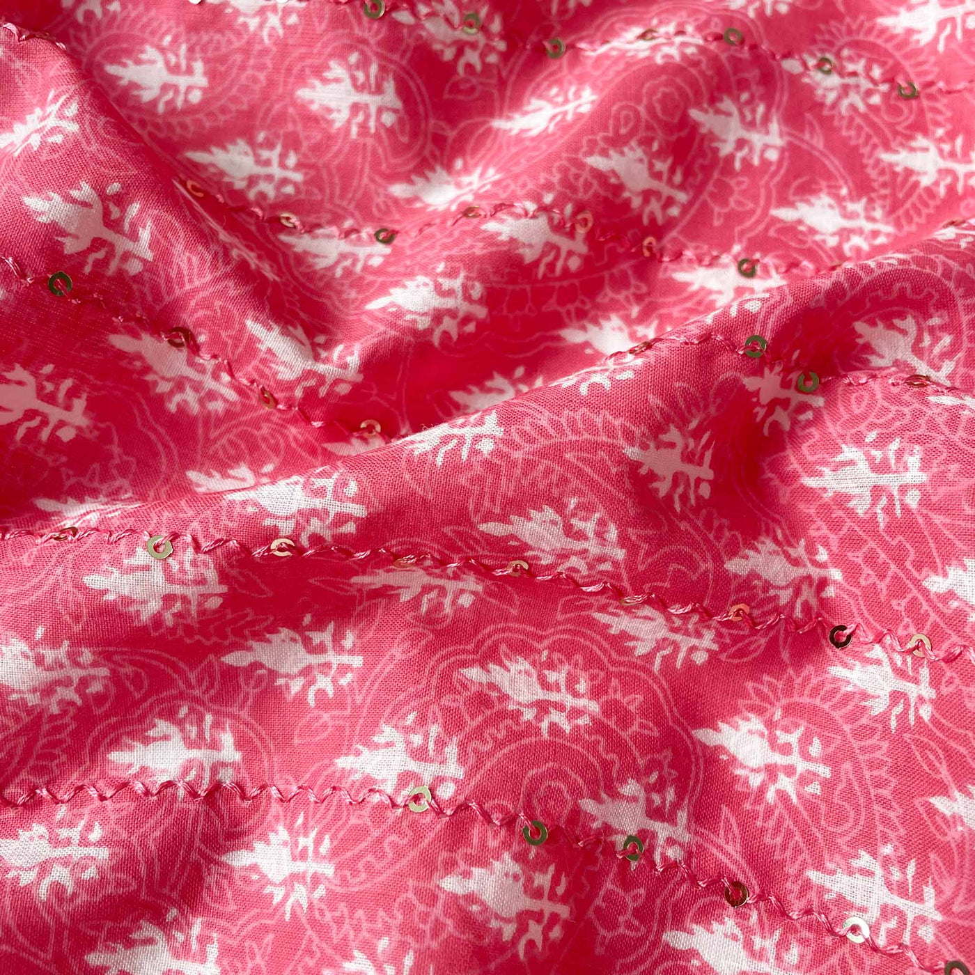 Fabric Pandit Fabric Pink and White Abstract Floral Hand Block Printed Sequence Embroidered Pure Cotton Fabric (Width 42 Inches)