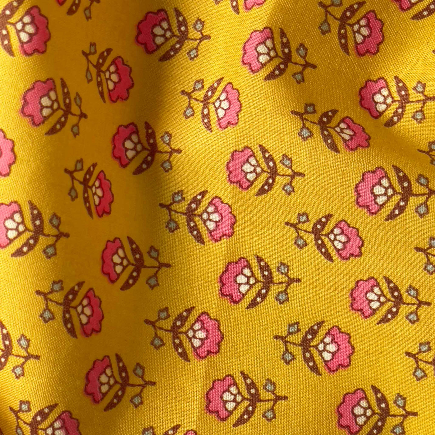 Fabric Pandit Fabric Pink & Yellow Mini Carnations Screen Printed Pure Cotton Fabric (Width 43 inches)