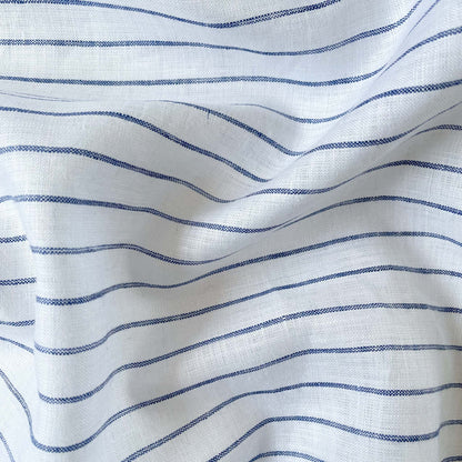 Fabric Pandit Fabric Pure White & Blue Thick Stripes Premium 60 Lea Pure Linen Fabric (Width 58 Inches)