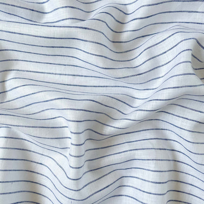 Fabric Pandit Fabric Pure White & Blue Thick Stripes Premium 60 Lea Pure Linen Fabric (Width 58 Inches)
