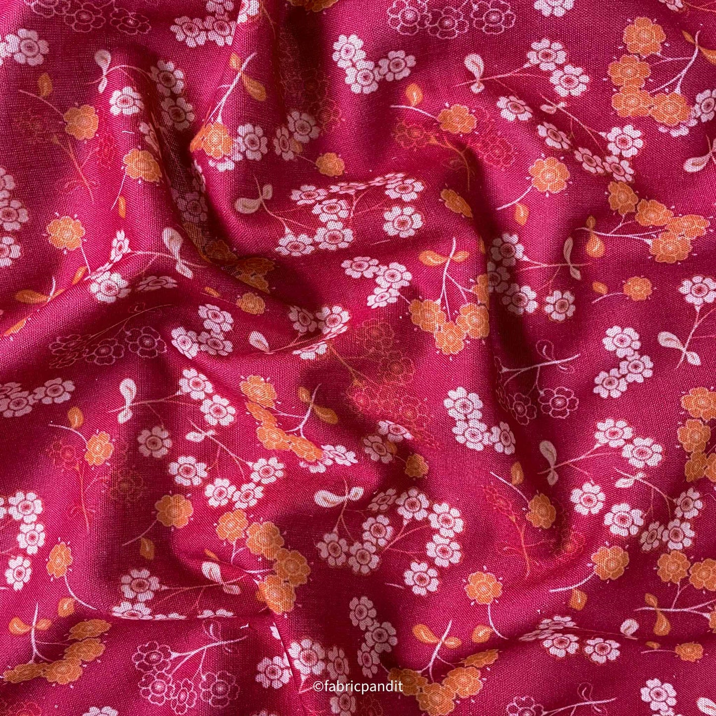 Fabric Pandit Fabric Raspberry Pink & Orange Meadow of Flowers Textured Digital Printed Pure Cotton Linen Fabric (Width 58 Inches)