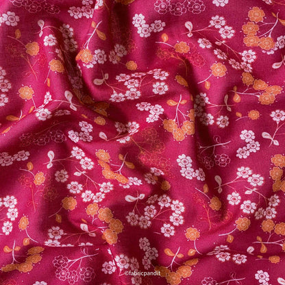 Fabric Pandit Fabric Raspberry Pink & Orange Meadow of Flowers Textured Digital Printed Pure Cotton Linen Fabric (Width 58 Inches)