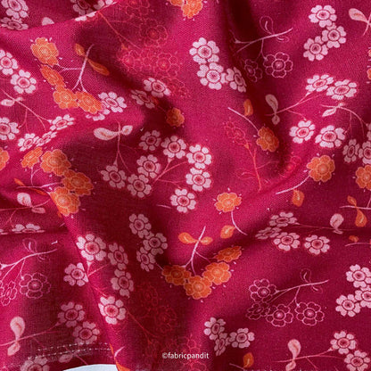 Fabric Pandit Fabric Raspberry Pink & Orange Meadow of Flowers Textured Digital Printed Pure Cotton Linen Fabric (Width 58 Inches)