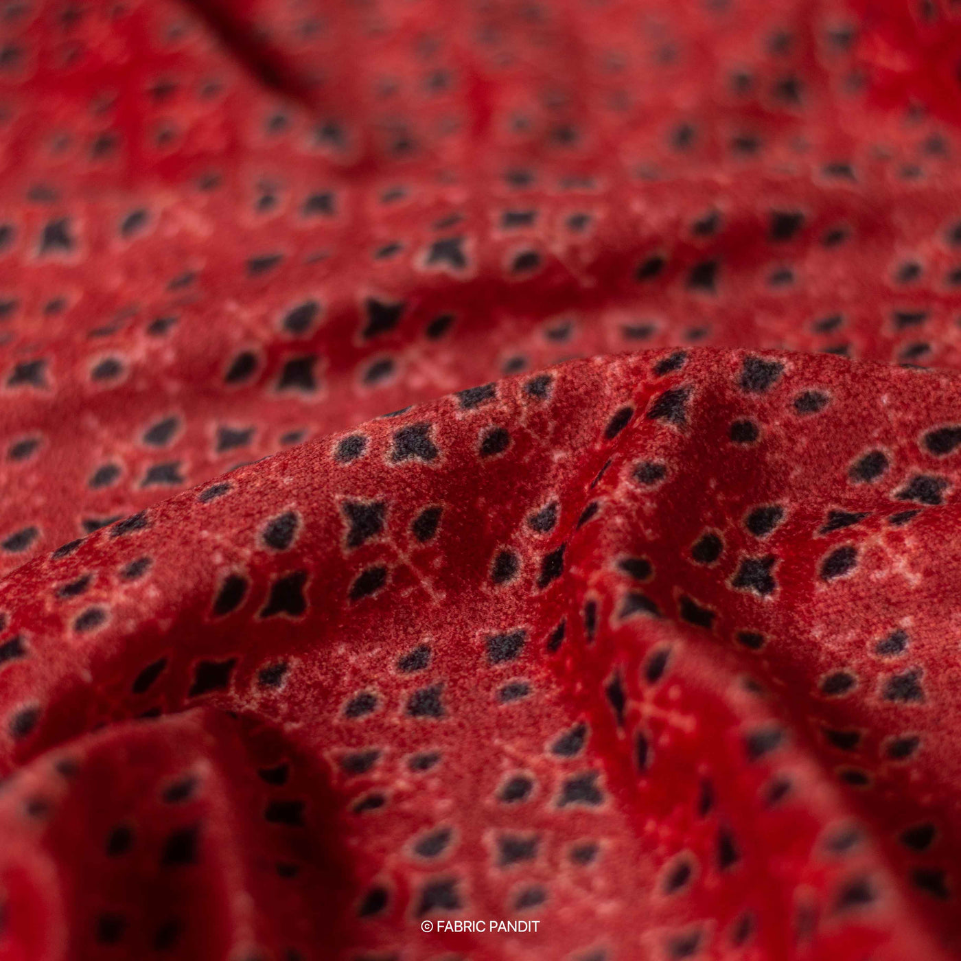 Fabric Pandit Fabric Red and Black Ajrak Geometric Pattern Digital Print Pure Velvet Fabric (Width 44 Inches)