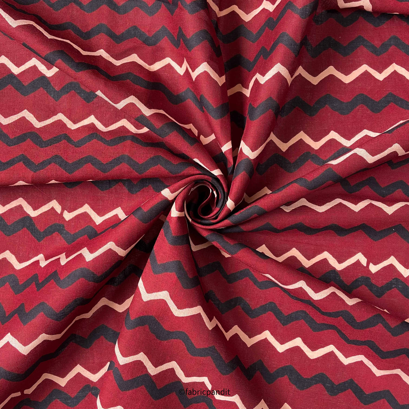 Fabric Pandit Fabric Red & Black Zig- Zag Pattern Hand Block Printed Pure Cotton Fabric (Width 42 inches)
