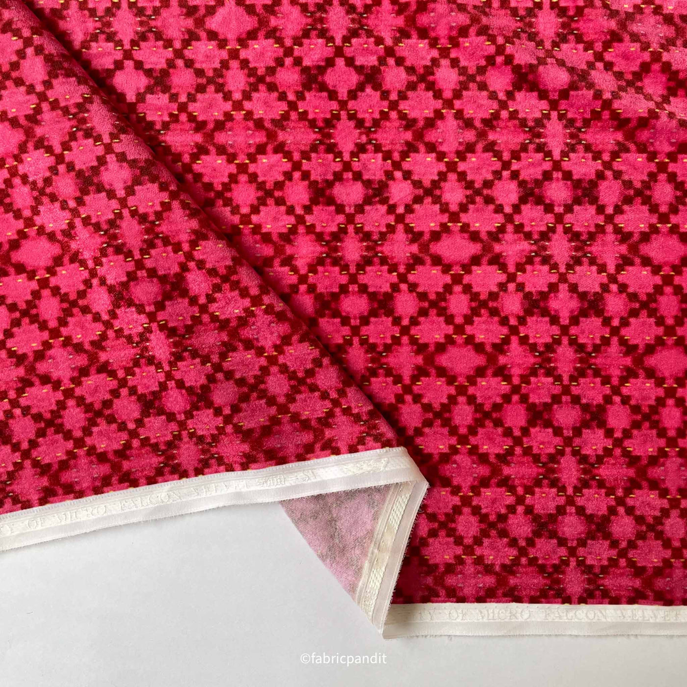 Fabric Pandit Fabric Ruby Pink Geometric Jaal All Over Digital Print Pure Velvet Fabric (Width 44 Inches)