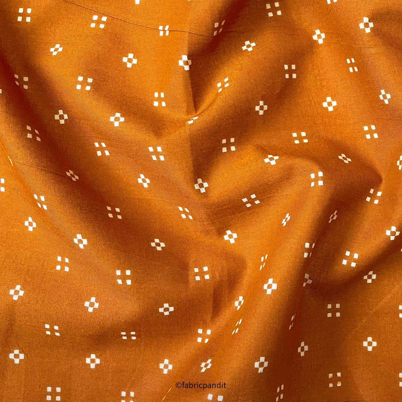 Fabric Pandit Fabric Rust & White Geometric Blocks Hand Block Printed Pure Cotton Fabric (Width 42 inches)