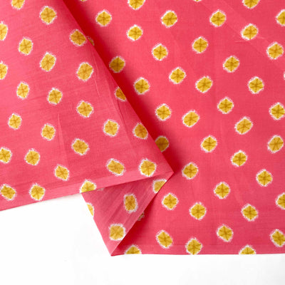 Fabric Pandit Fabric Salmon Peach and Yellow Geometric Polka Hand Block Printed Kantha Pure Cotton Fabirc Width (43 inches)