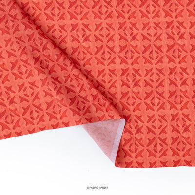 Fabric Pandit Fabric Salmon Red Criss-Cross Applique Pattern Digital Printed Poly Blend Muslin Fabric (Width 44 Inches)