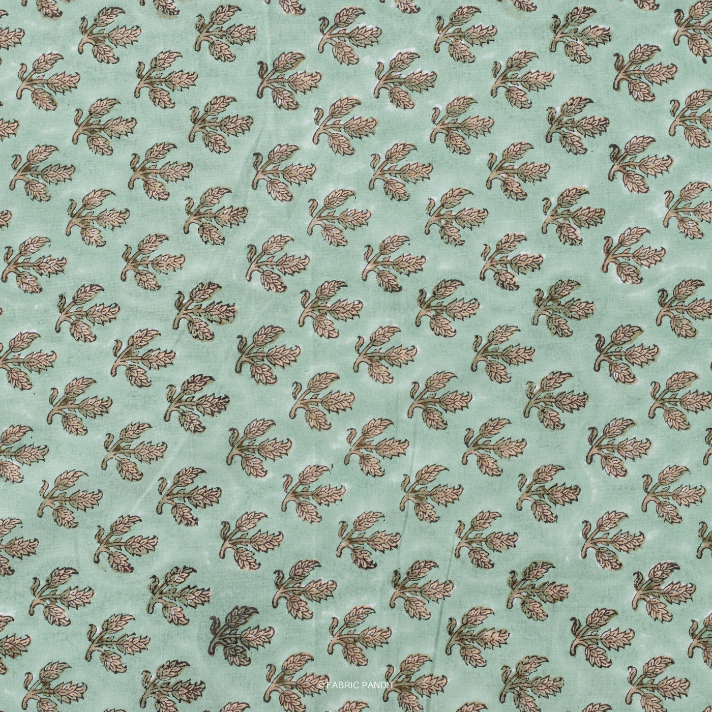 Fabric Pandit Fabric Sea Green & Brown Dried Leaves Hand Block Printed Pure Cotton Fabric (Width 44 Inches)
