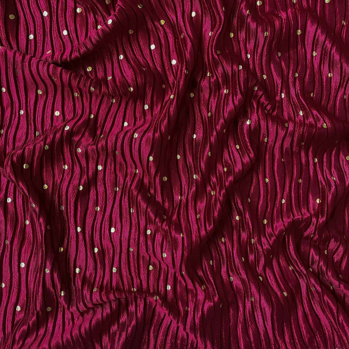 Shiny Maroon Polka Dot Foil Printed Pleated Satin Imported Fabric
