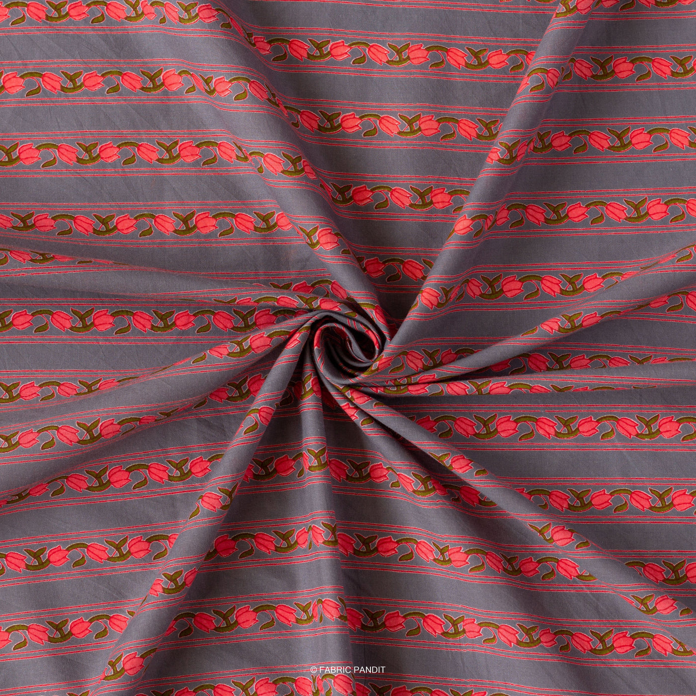 Fabric Pandit Fabric Slate Grey And Red Floral Stripes All Over Discharge Printed Pure Cotton Cambric Fabric Width (43 Inches)