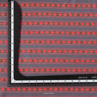 Fabric Pandit Fabric Slate Grey And Red Floral Stripes All Over Discharge Printed Pure Cotton Cambric Fabric Width (43 Inches)