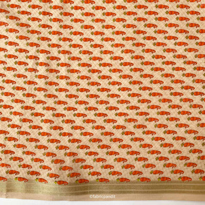 Fabric Pandit Fabric Soft Gold & Orange Abstract Paisely Hand Block Printed Pure Cotton Denting Fabric