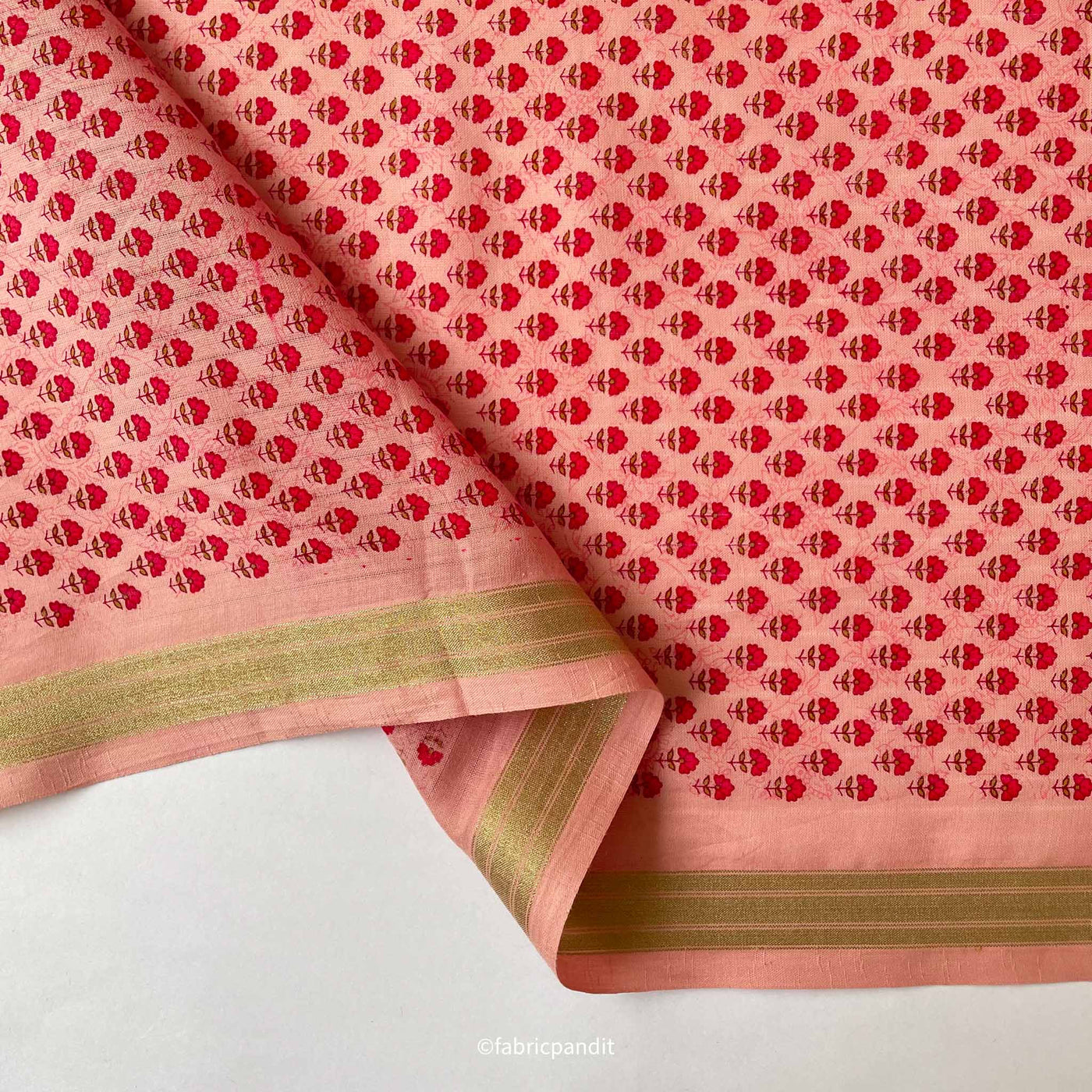 Fabric Pandit Fabric Soft Peach and Red Mini Marigolds Hand Block Printed Pure Cotton Denting Fabric