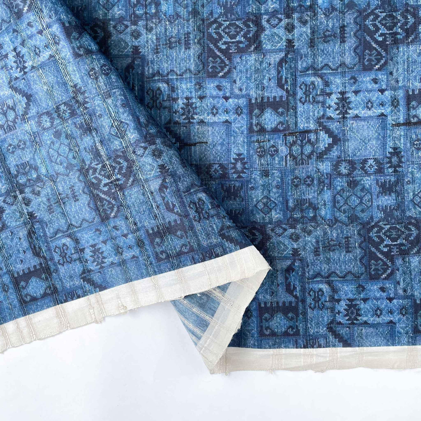 Fabric Pandit Fabric Tribal Blue Tribal Vintage Texture Digital Printed Tussar Silk Fabric (Width 44 Inches)