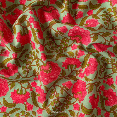 Fabric Pandit Fabric Turquoise and Peach Wild Hydrangeas Hand Block Printed Pure Cotton Fabric (Width 42 Inches)