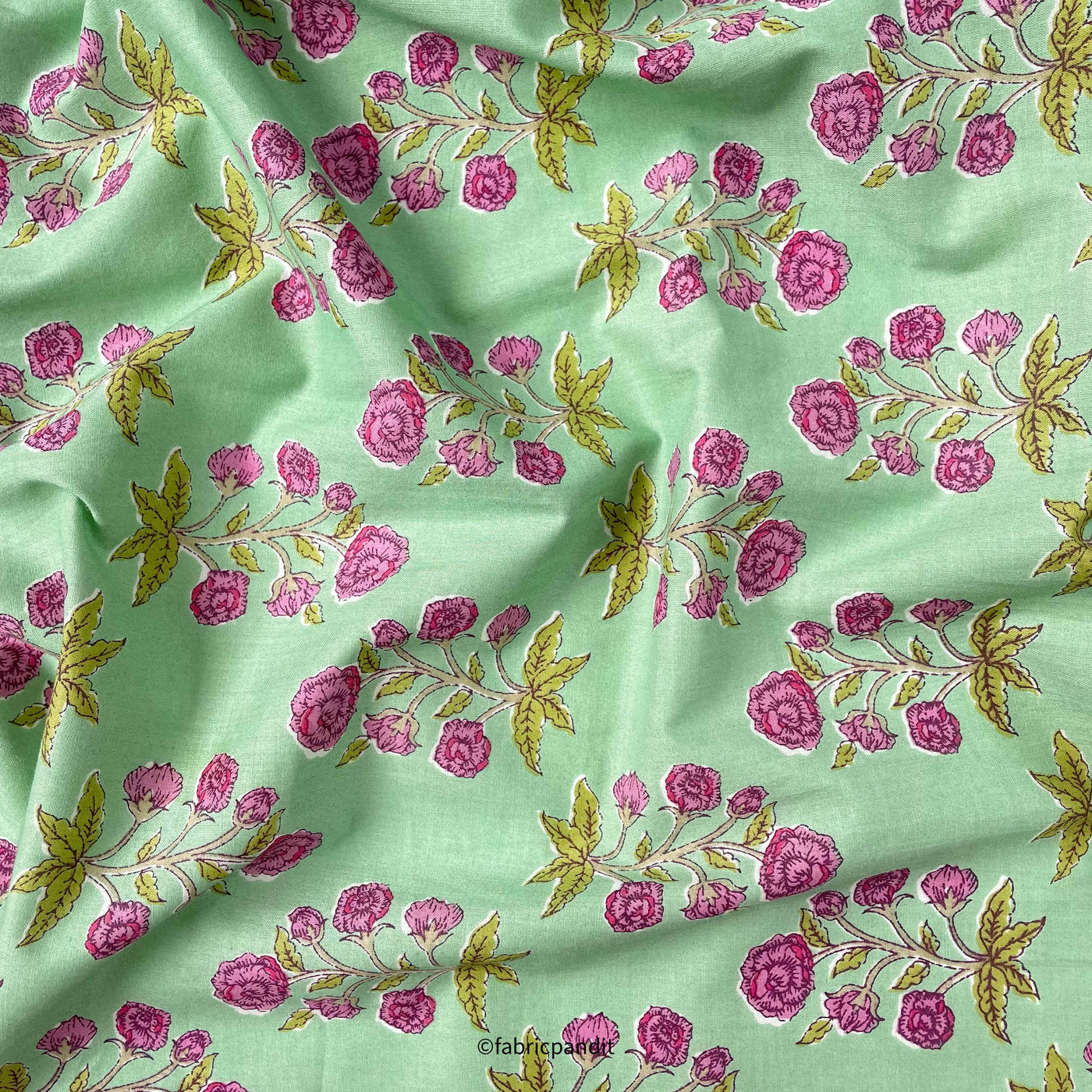Fabric Pandit Fabric Turquoise & Magenta Floral Bunch Hand Block Printed Pure Cotton Fabric (Width 42 inches)