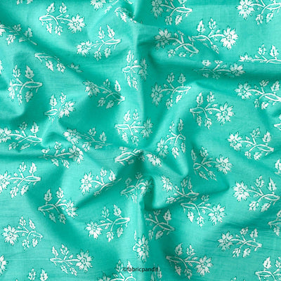 Fabric Pandit Fabric Turquoise & White Dancing Daisies Hand Block Printed Pure Cotton Fabric (Width 42 inches)