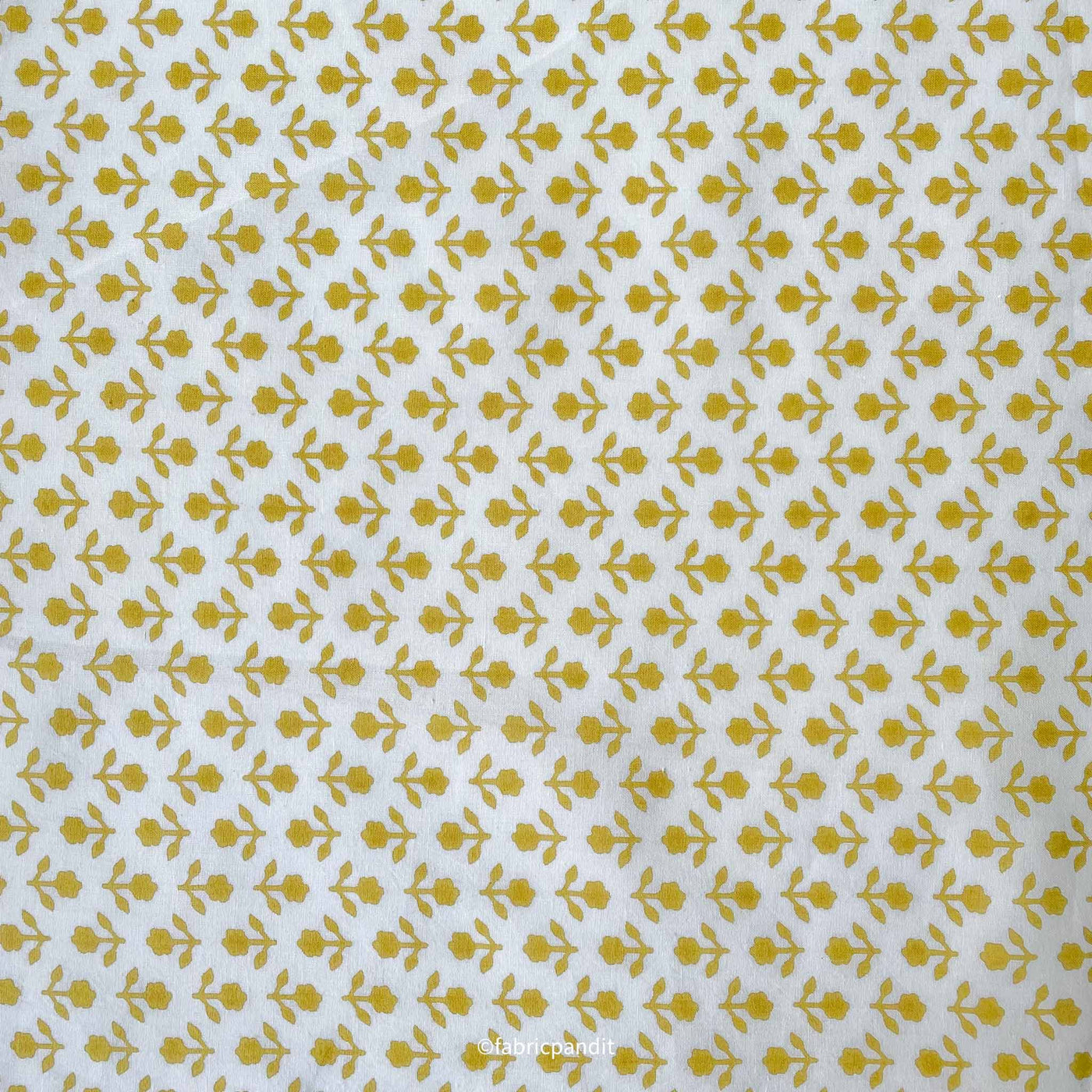 Fabric Pandit Fabric White and Dusty Yellow Mini Daisies Hand Block Printed Pure Cotton Fabric (Width 42 Inches)