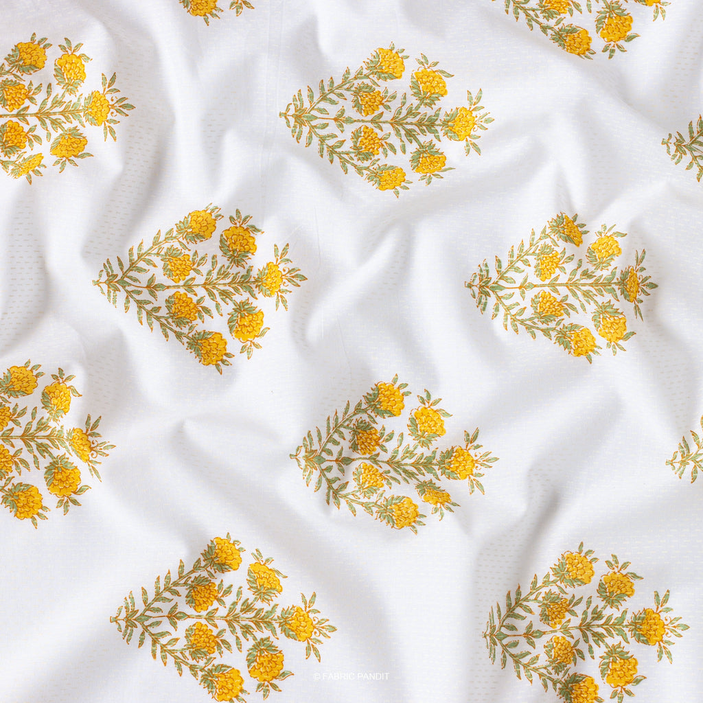 Fabric Pandit Fabric White And Yellow Floral Bunch Hand Block Printed Pure Cotton Cambric Fabric Width (43 Inches)