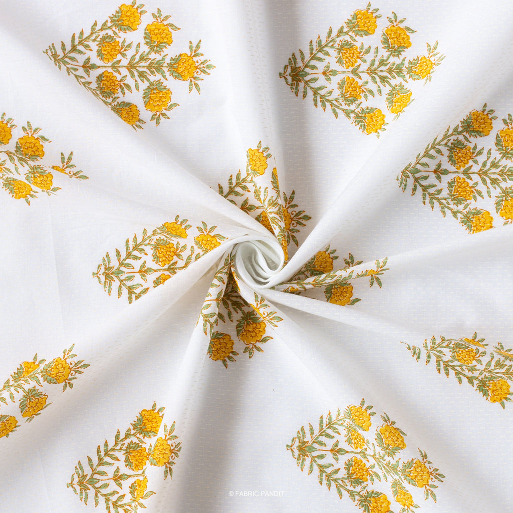 Fabric Pandit Fabric White And Yellow Floral Bunch Hand Block Printed Pure Cotton Cambric Fabric Width (43 Inches)