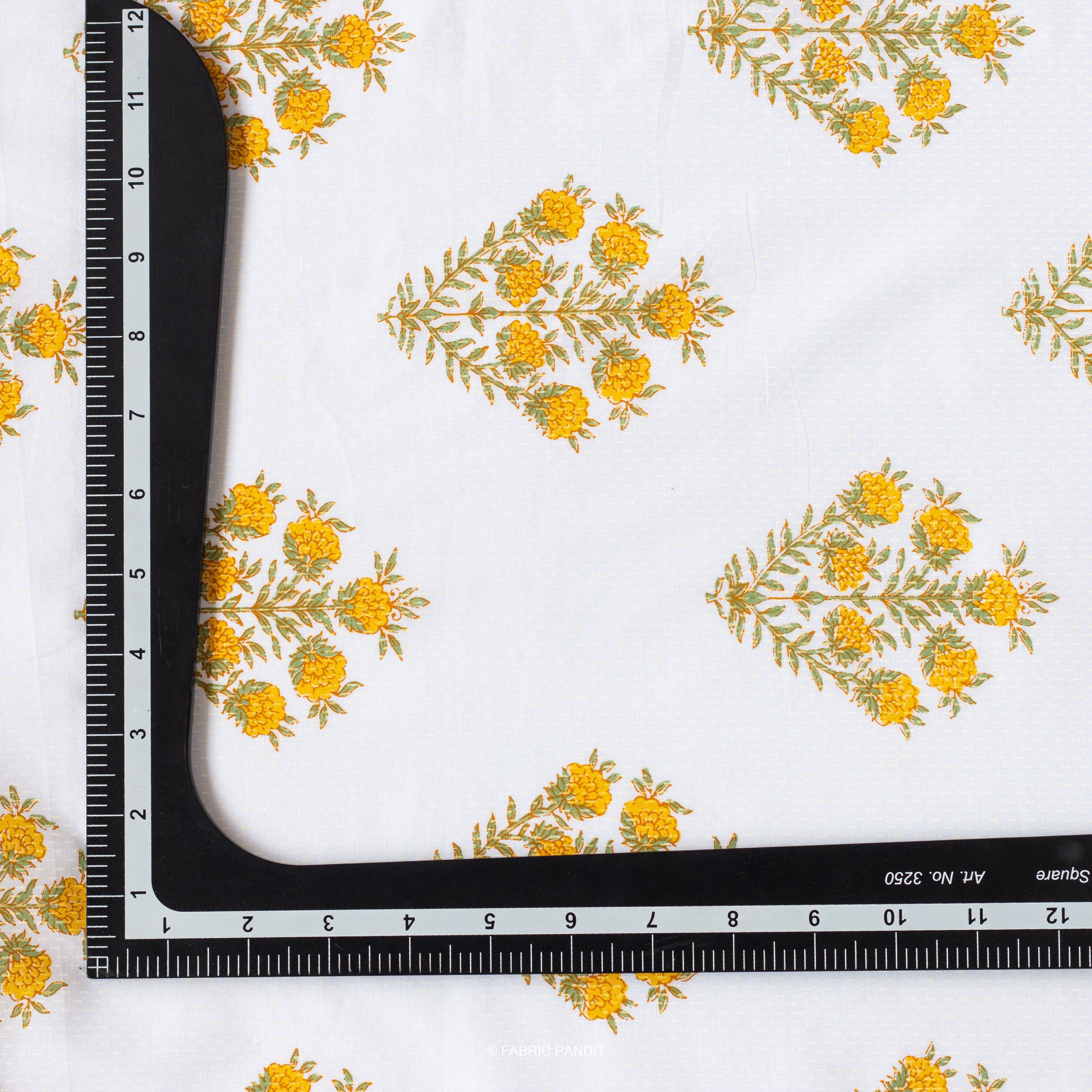 Fabric Pandit Fabric White And Yellow Floral Bunch Hand Block Printed Pure Cotton Cambric Fabric Width (43 Inches)
