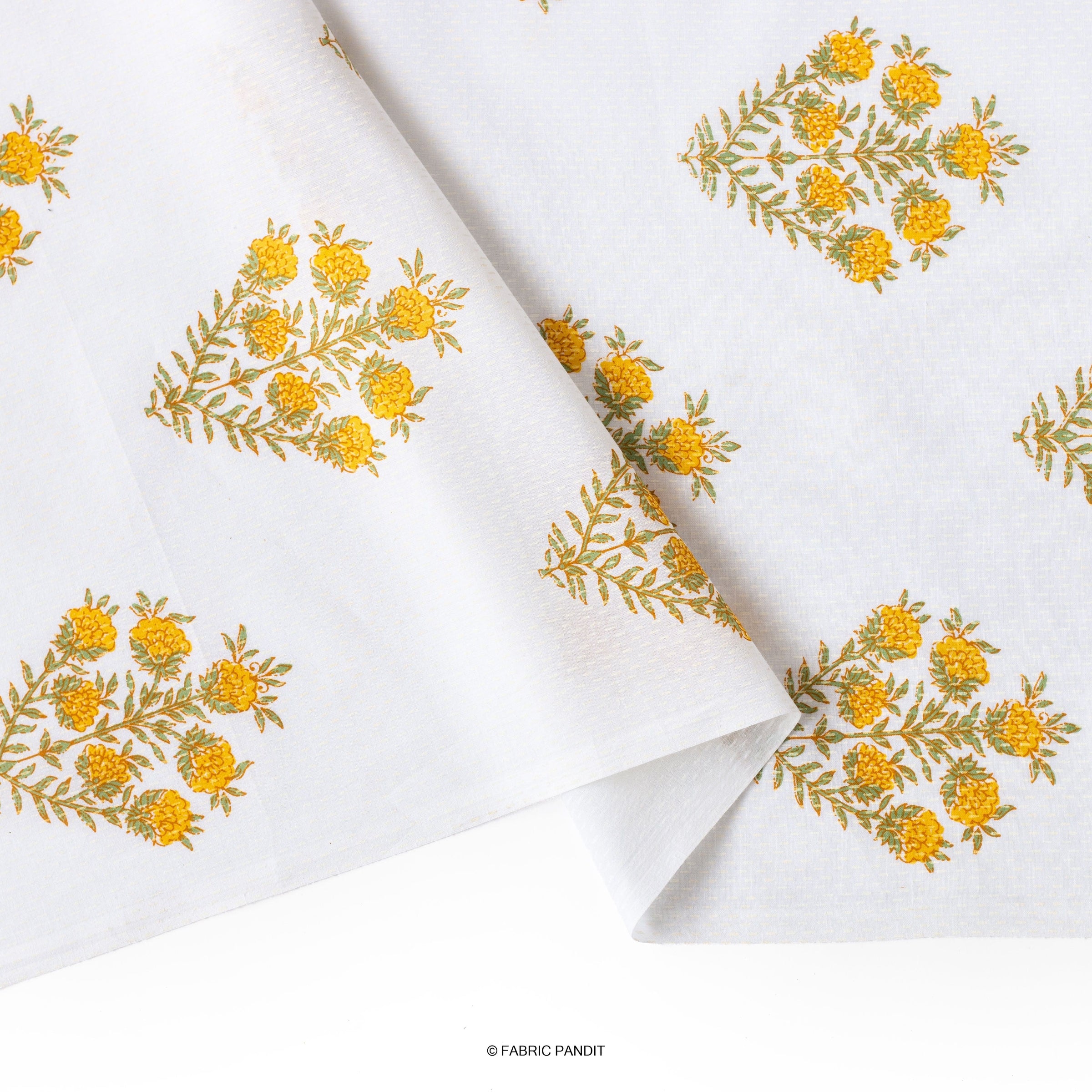 Fabric Pandit Fabric White And Yellow Floral Bunch Hand Block Printed Pure Cotton Cambric Fabric Width (43 Inches)