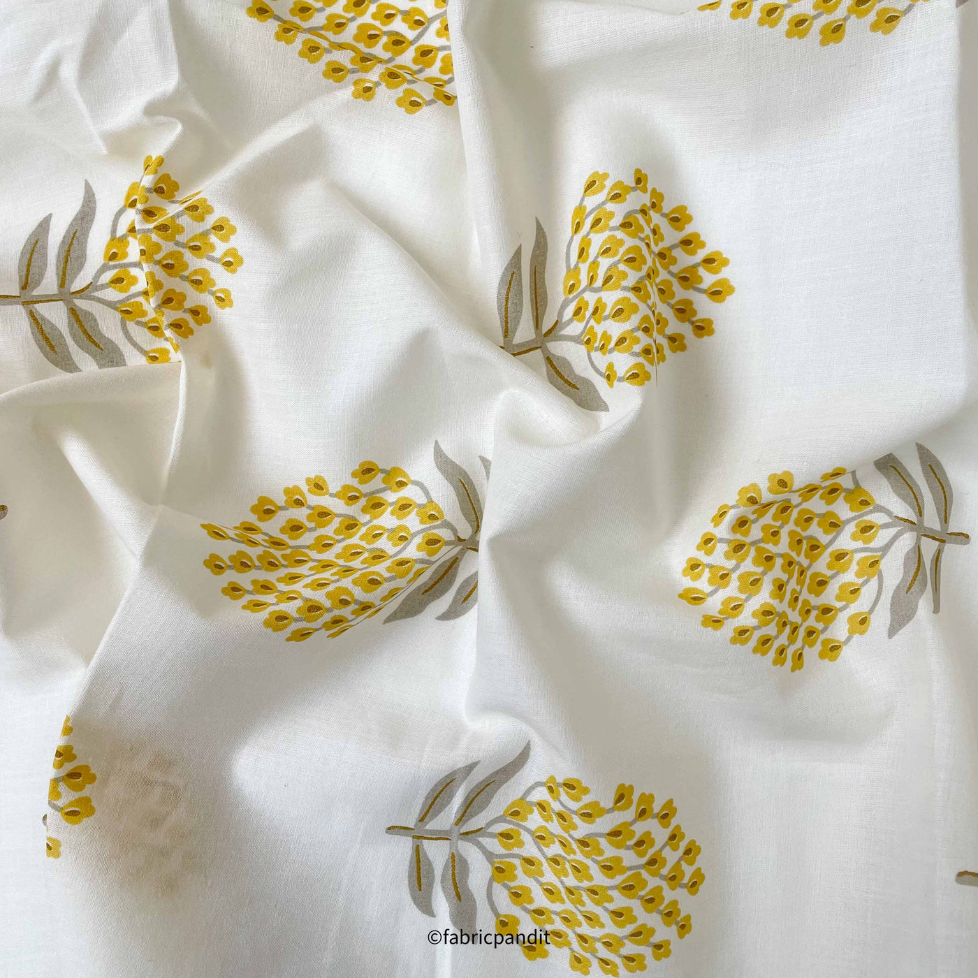Fabric Pandit Fabric White and Yellow Marigolds Hand Block Printed Pure Cotton Fabric (Width 42 inches)