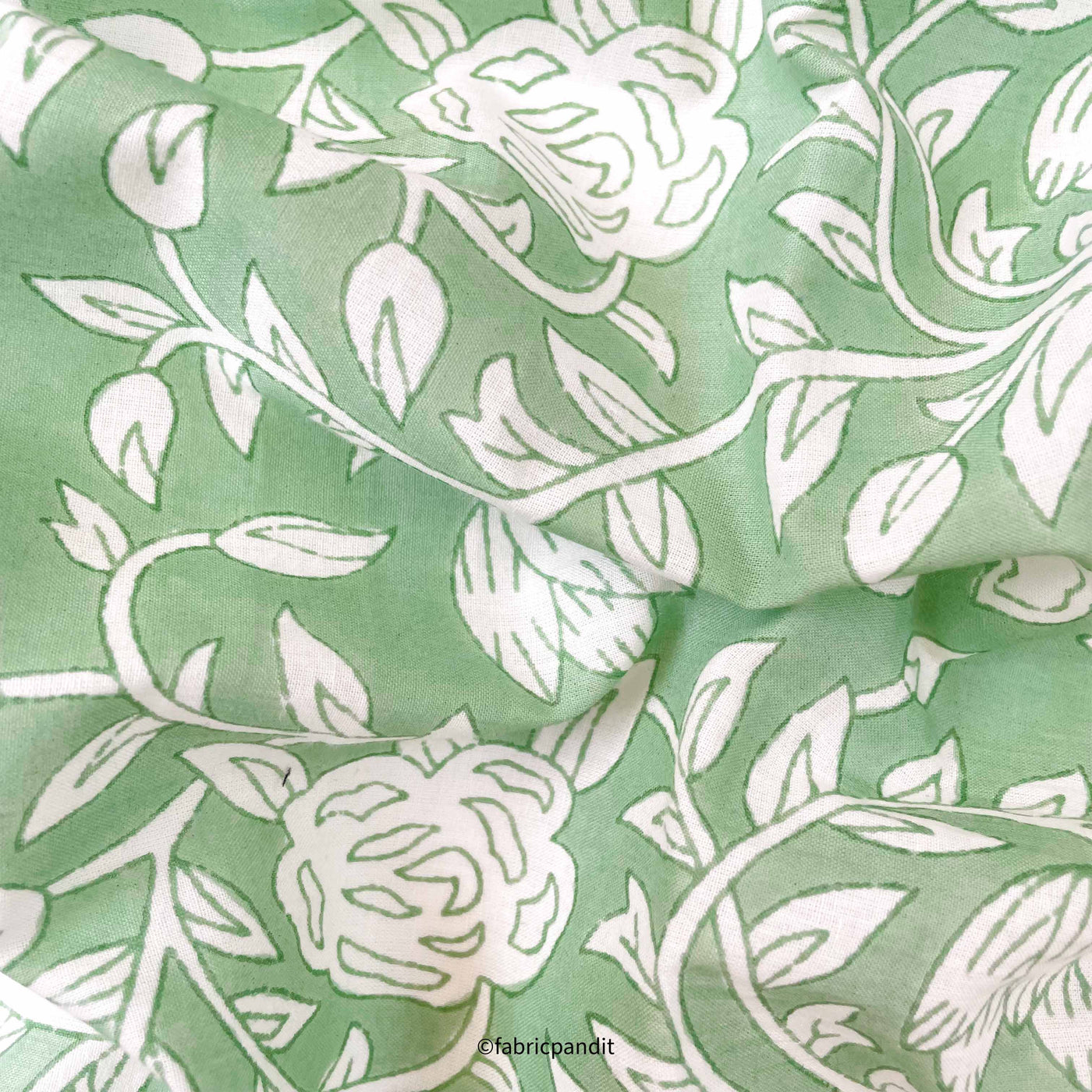 Fabric Pandit Fabric White & Dusty Green Lotus & Roses Hand Block Printed Pure Cotton Fabric (Width 42 inches)
