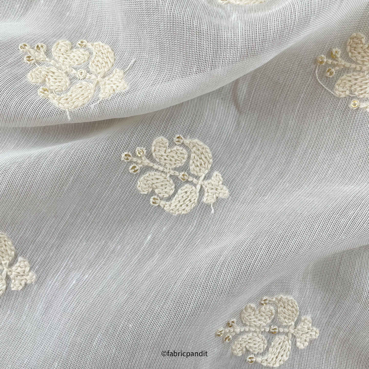 Fabric Pandit Fabric White Dyeable Abstract Floral Embroidered Fine Chanderi Silk Fabric (Width 46 Inches)