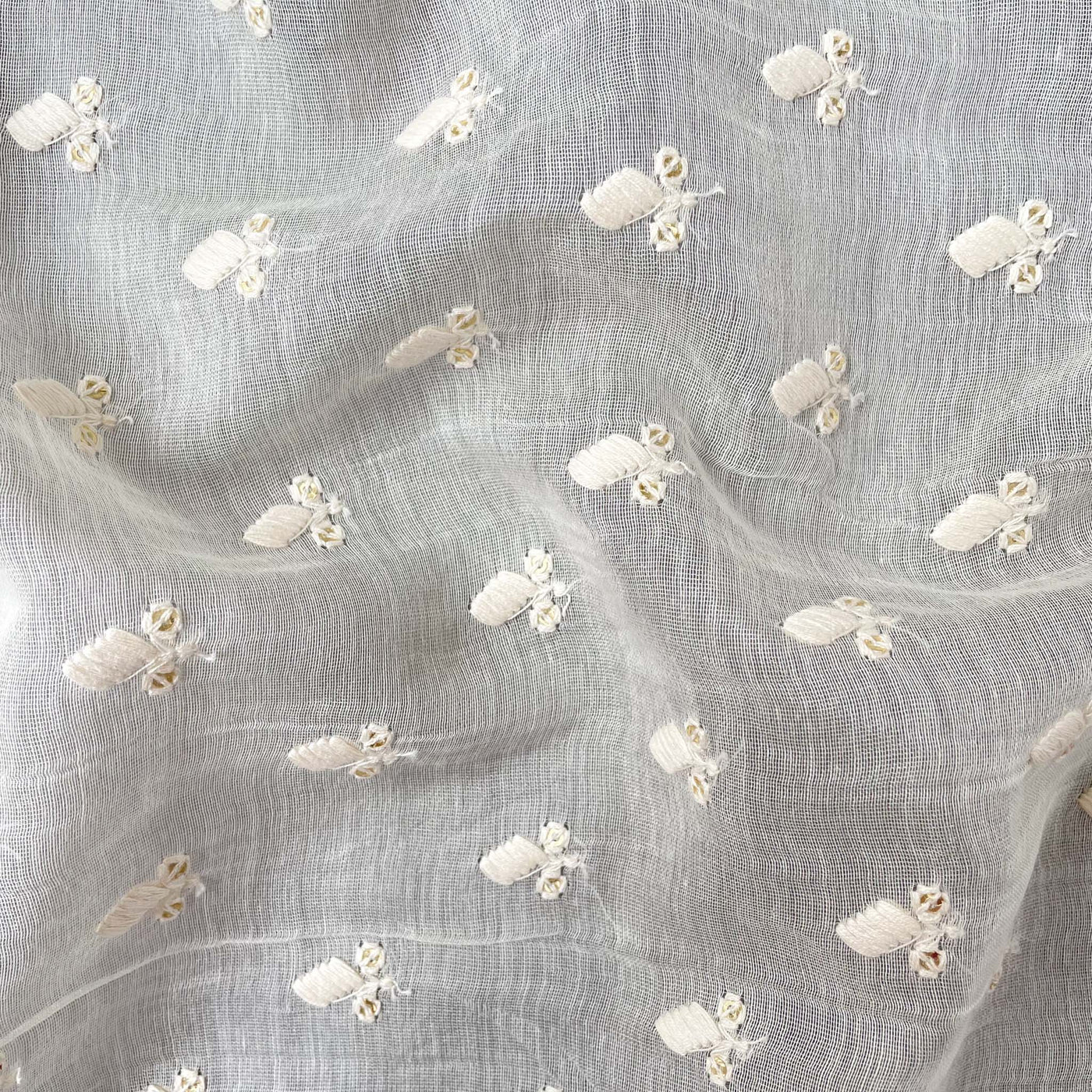 Fabric Pandit Fabric White Dyeable Abstract Flower Embroidered Pure Chanderi Fabric (Width 44 Inches)